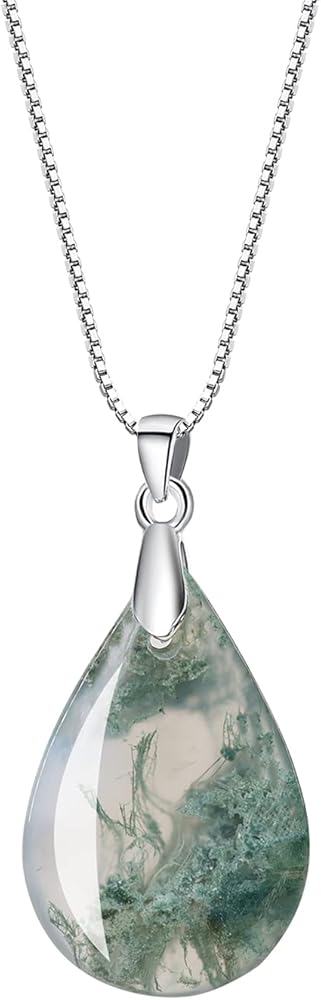 COAI 925 Sterling Silver Moss Agate Leaf Pendant Necklace