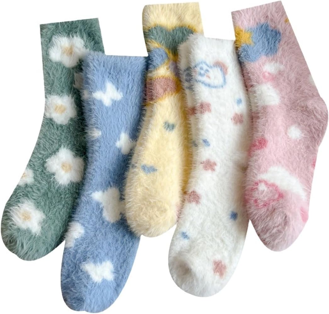Soft Cute Fuzzy Socks for Women, Winter Cozy Casual Socks Fluffy Socks Thickened Slipper Socks for Home, Outside, 5 Pairs, Size 5-9