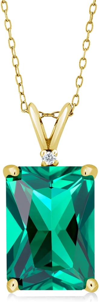 Gem Stone King 18K Yellow Gold Plated Silver Green Nano Emerald and White Diamond Pendant Necklace For Women (6.52 Cttw, Gemstone May Birthstone, Emerald Cut 14X10MM, with 18 Inch Silver Chain)
