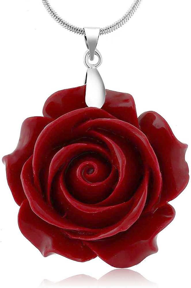 Gem Stone King 35MM Red Simulated Coral Carved Rose Flower Pendant With 16 Inch + 2 Inch Extender Chain