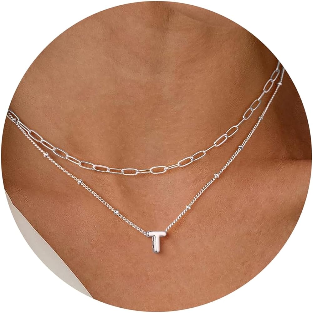 Turandoss Personalized Bubble Letter Necklace - Layered Gold Initial Tiny Small Pendent Necklaces for Women, Dainty Gold Initial Choker Paperclip Chain Necklace Gold Jewelry for Women Gifts