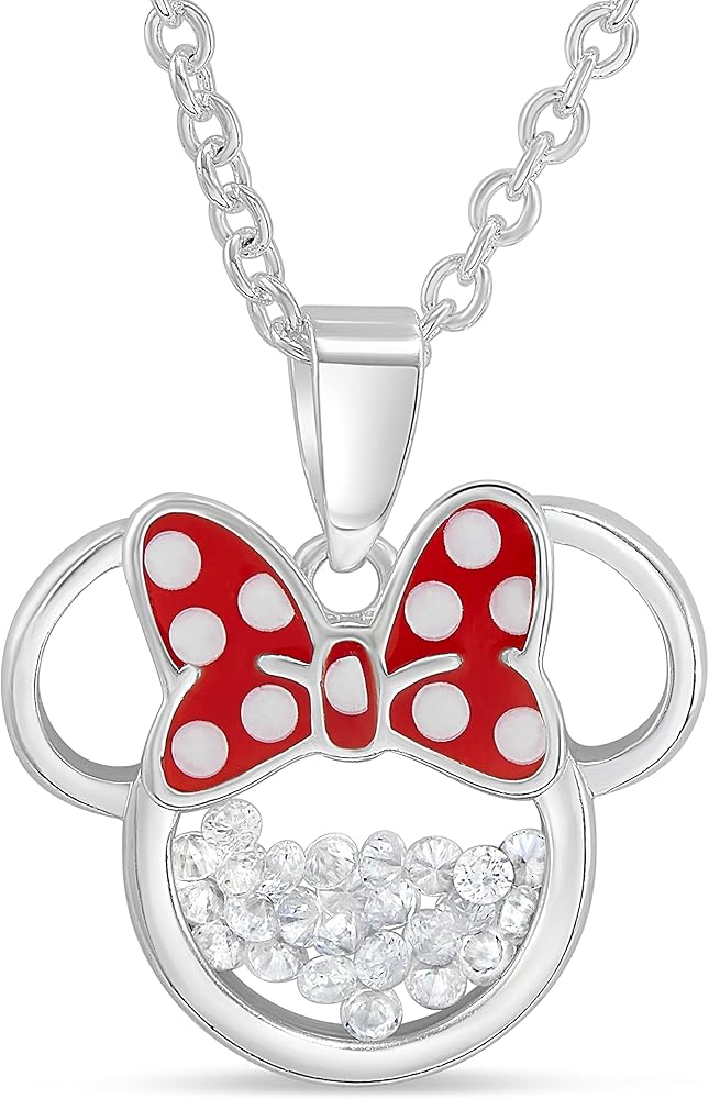 Disney Women and Birthstone Jewelry - Minnie Mouse Cubic Zirconia Shaker Pendant Necklace, Silver Plated, 18+2" Extender