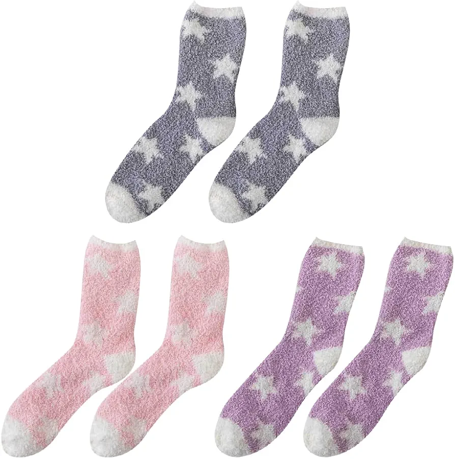3 Pairs Star Pattern Fluffy Socks Fuzzy Winter Socks Cosy Socks Comfy Socks Soft Warm Bed Socks Thermal Slipper Socks Grey Pink Purple