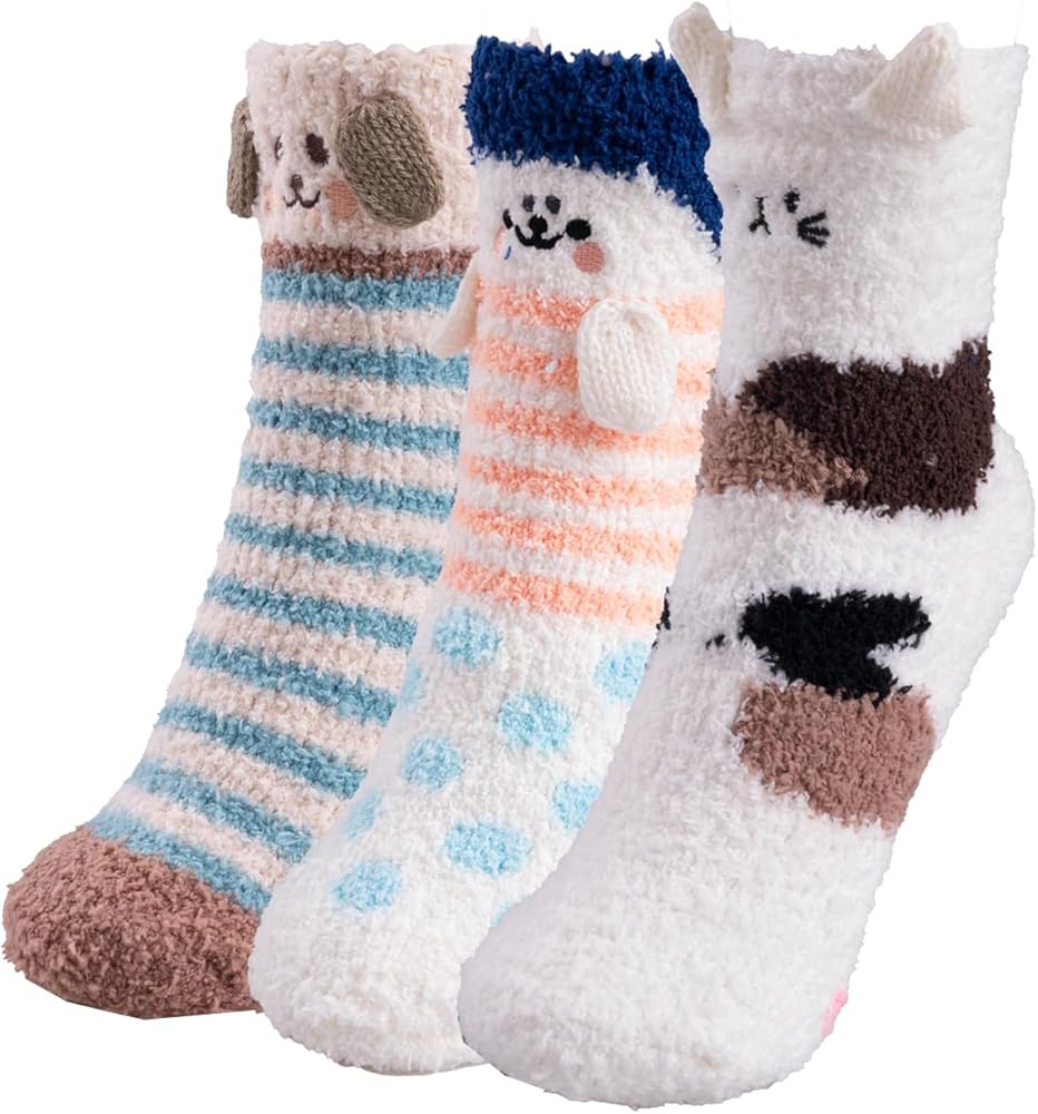 3 Pairs Women Fuzzy Socks Winter Warm Fluffy Soft Home Sleeping Cute Animal Socks