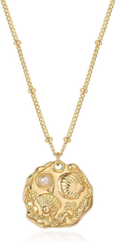 Gold Pendant Necklace for Women 14K Gold Plated Cubic Zirconia Simulated Pearl Ocean Starfish Seashell Charm Necklace Handmade Gold Jewelry Gifts