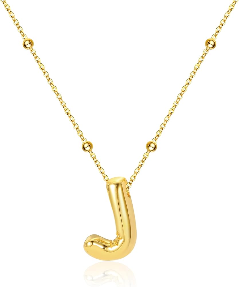 Gold Initial Bubble 3D Letter Necklace for Women with Beaded Satellite Chain Charm Simple Jewelry Gift