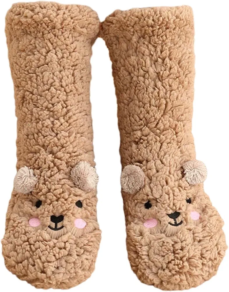 Women Winter Cute Bear Embroidery Fuzzy Slipper Socks Non Slip Warm Socks with Grips Furry Plush Sock for Home Sleeping