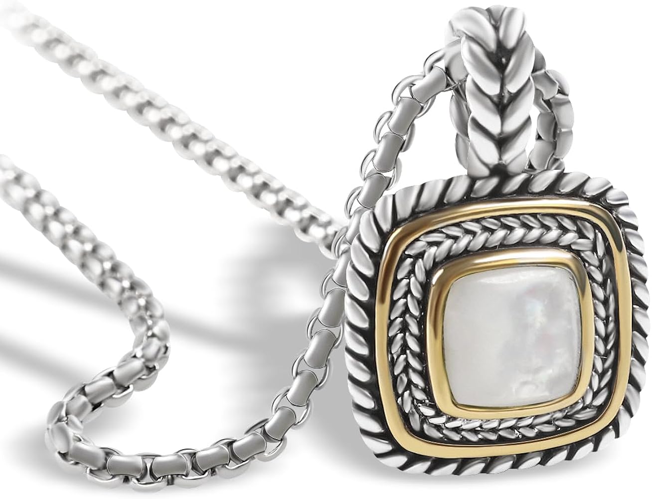 Designer Inspired 7MM CZ Pendant Necklace for Women 18K Gold Plated Two Tone Wheat Cable Necklaces
