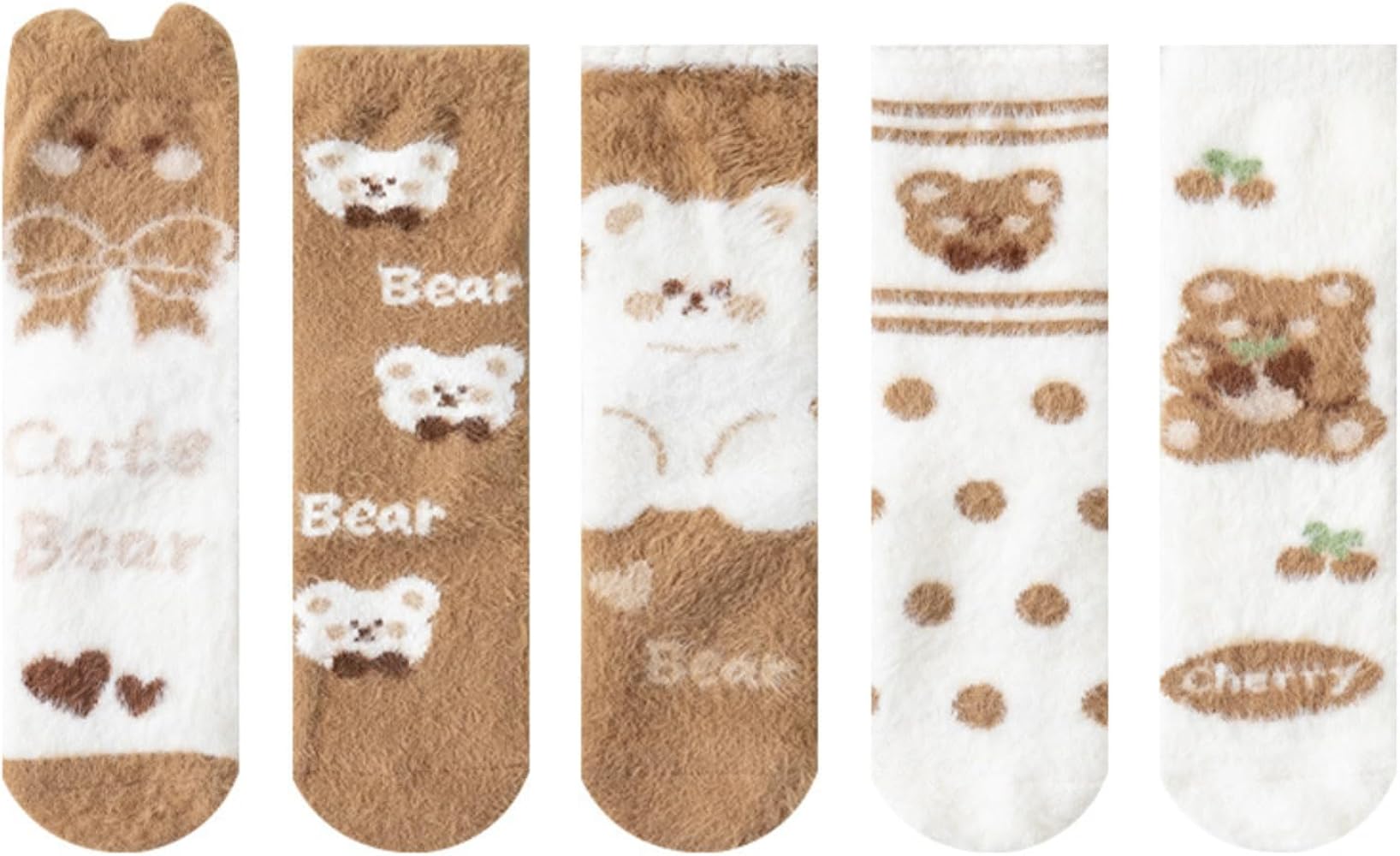 Warm Fluffy Socks, Soft Winter Slipper Socks with Cute Bear Patterns Sleeping Plush Crew Socks Cozy Casual Socks for Women, 5 Pairs, Size 5-9