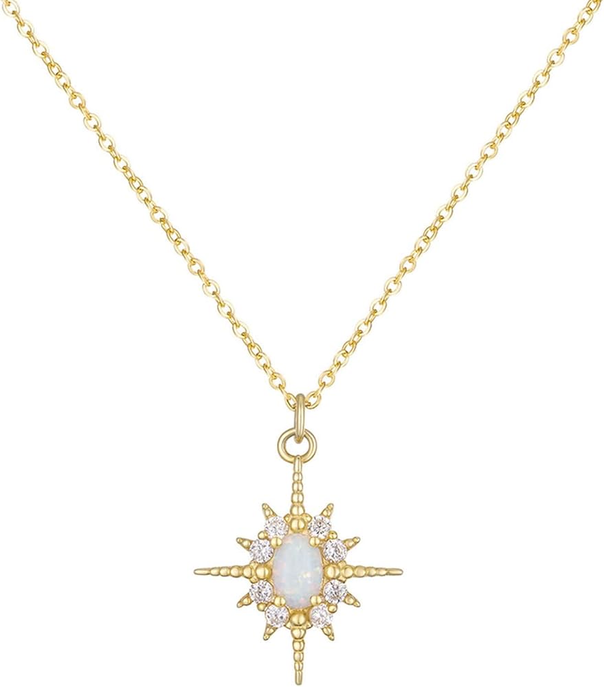 Jacruces 925 Sterling Silver Opal Necklace Dainty Necklace Gold Necklace for Women 18k Gold Plated North Star Necklace Pendant Gold Jewelry Gift Birthday Gift for Her