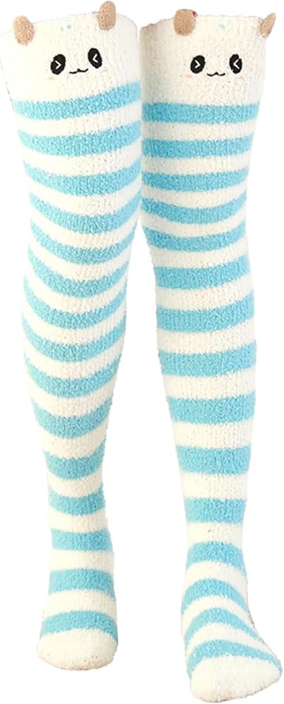 Womens Over Knee High Fuzzy Socks Soft Warm Thigh High Cozy Slipper Fleece Winter Long Socks Striped Stockings