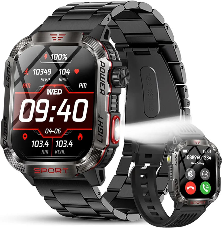 Smart Watch Sport Military for Men, Smartwatch Bluetooth Answer/Dial Call 2.01" Large Screen Outdoor Compass Sports Fitness Tracker Male 600 mAh Large Battery Two Strap for Android/iOS