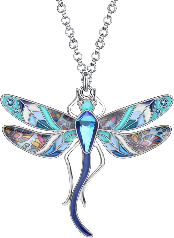 BONSNY Statement Enamel Rhinestone Dragonfly Necklaces Pendant Original Design Gifts for Women Nature lover Jewelry