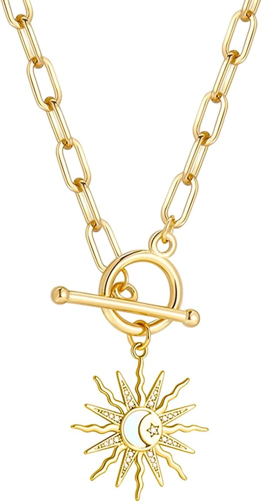 Paperclip Necklace for Women 18K Gold Plated Paper clip Chain Link Necklace Toggle Clasp Paperclip Necklace with Pendant Cute Charm Chain Necklace Chunky Trendy Necklace