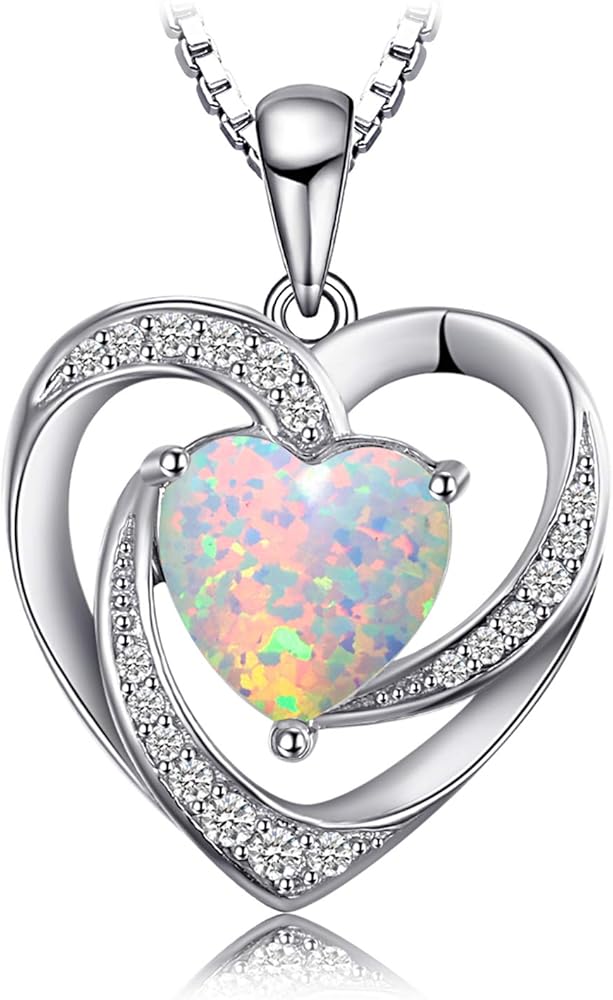 JewelryPalace Love Heart 2.5ct Created Opal Pendant Necklace for Women, 14K White Yellow Rose Gold Plated 925 Sterling Silver Necklace for Her, Anniversary Gemstone Jewelry 18 Inches Chain
