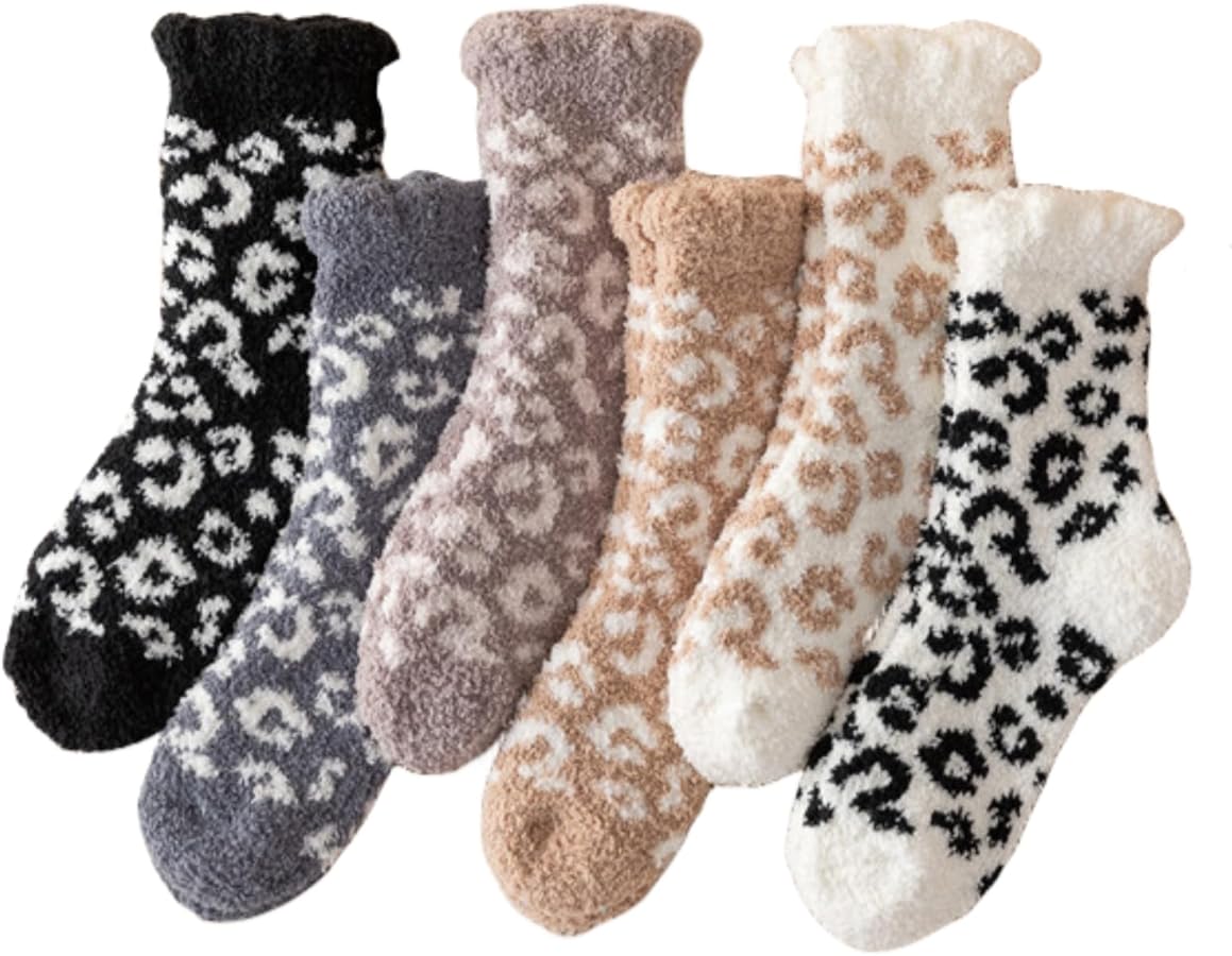 Warm Fuzzy Socks, Women Winter Slipper Socks, Cute Casual Socks, Cozy Fluffy Socks, Thicker Plush Crew Socks for Sleep Home, 6 Pairs, Size 5-9