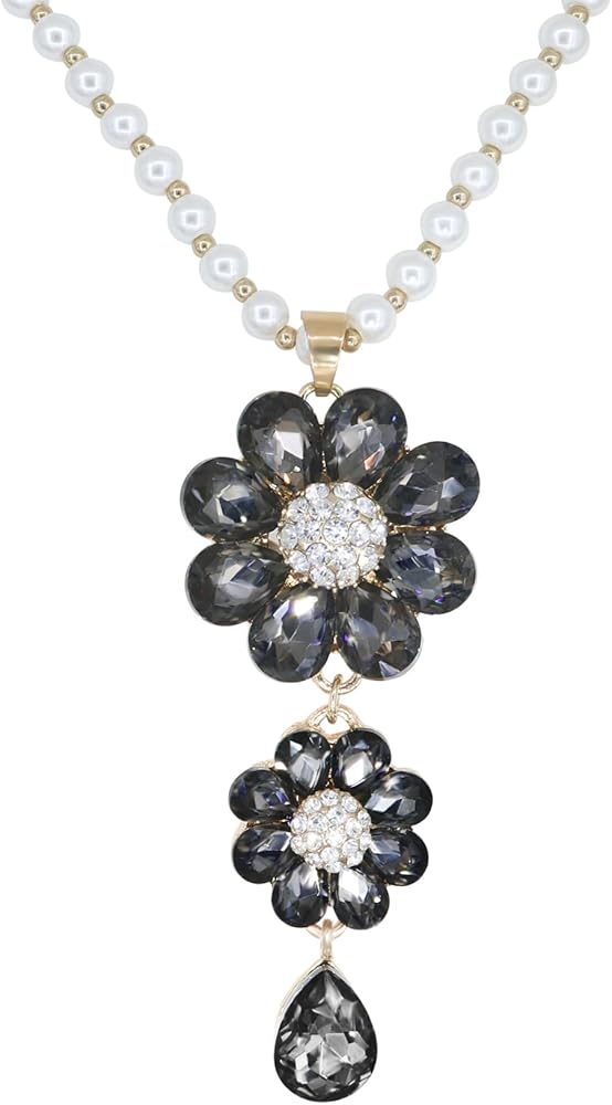Long Crystal Flower Pendant Necklace for Women Large Rhinestone Floral Pendant Pearl Beaded Necklaces Gold Plated Sweater Statement Necklace Fashion Jewelry for Women