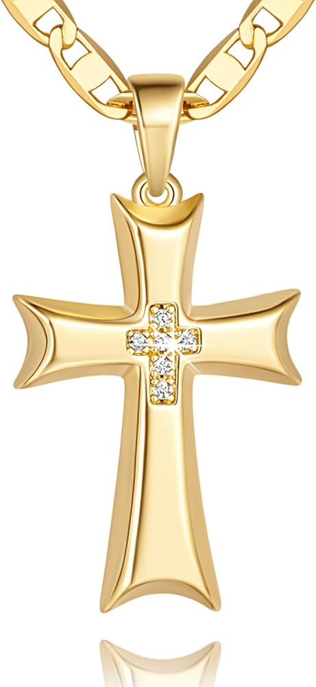 Cross Necklace Gold Cross Necklaces for Women CZ 14K Gold Cross Pendant Mariner Gold Cross Chain Ribbon-Edge 48cm Necklace Cross Jewelry for Women 24mm