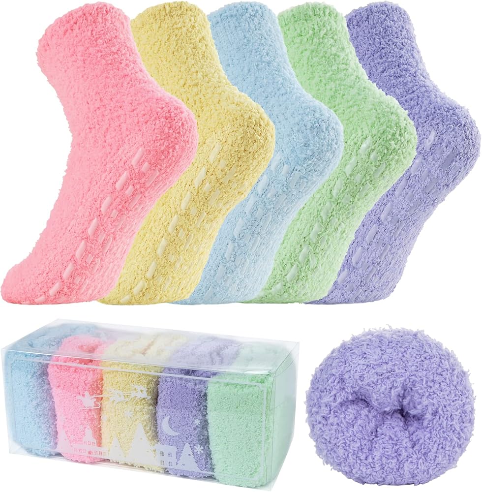 Fuzzy Socks for Women with Grips No Slip Hospital Socks Warm Fluffy Socks Winter Slipper Socks Soft Cozy Socks Grippy Plush Socks Christmas Gifts Presents 5 Pairs Rainbow