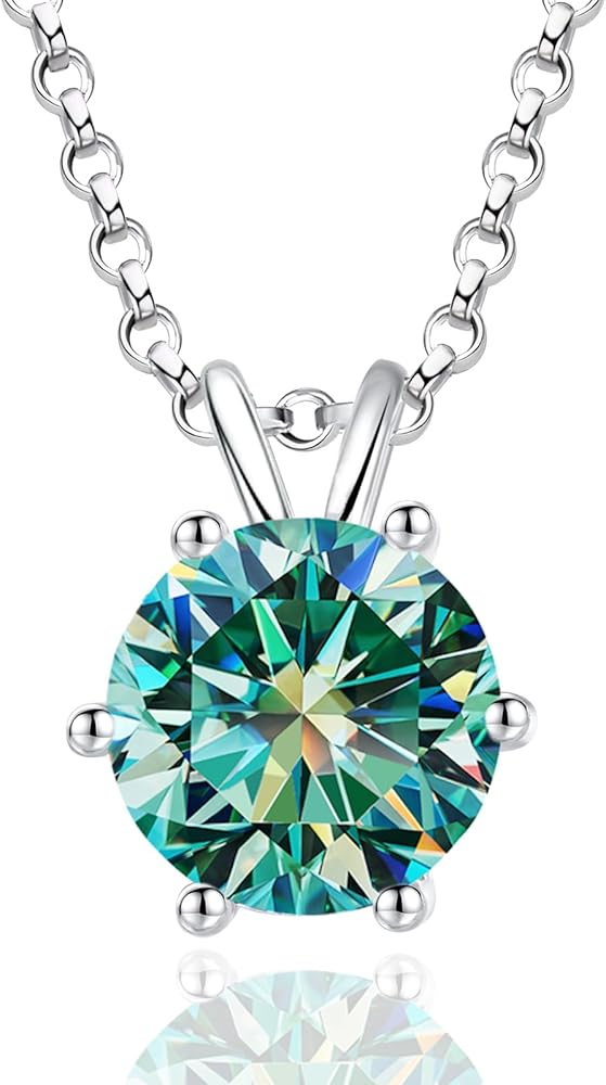 925 Sterling Silver 1-2CT Cyan Moissanite Necklace for Women, Solitaire Moissanite Diamond Pendant 18K White Gold Plated Jewelry Gifts for Her