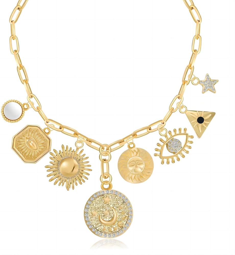 Chunky Charm 18k Gold Plated Choker Necklace for Women,Sun Heart Evil Eye Pendant Paperclip Chain Necklace,Popular Summer Statement Vintage Jewelry Boho Necklaces for Women