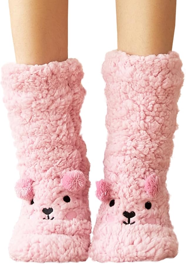 Evankin Women Slipper Socks Fuzzy Cozy Warm Soft Thick 3D Animals Non Slip Coral Fleece with Grippers Indoor Winter Holiday Sherpa Socks