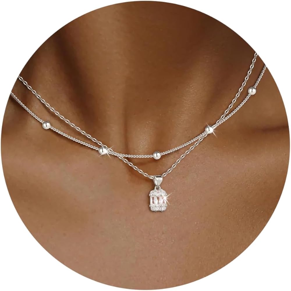 Diamond Necklaces for Women Non Tarnish, Dainty 14K Gold Stack Silver Choker Chain Double Pendant Diamond Necklace, Layered Trendy Simple Prom CZ Jewelry Sets Gifts for Women