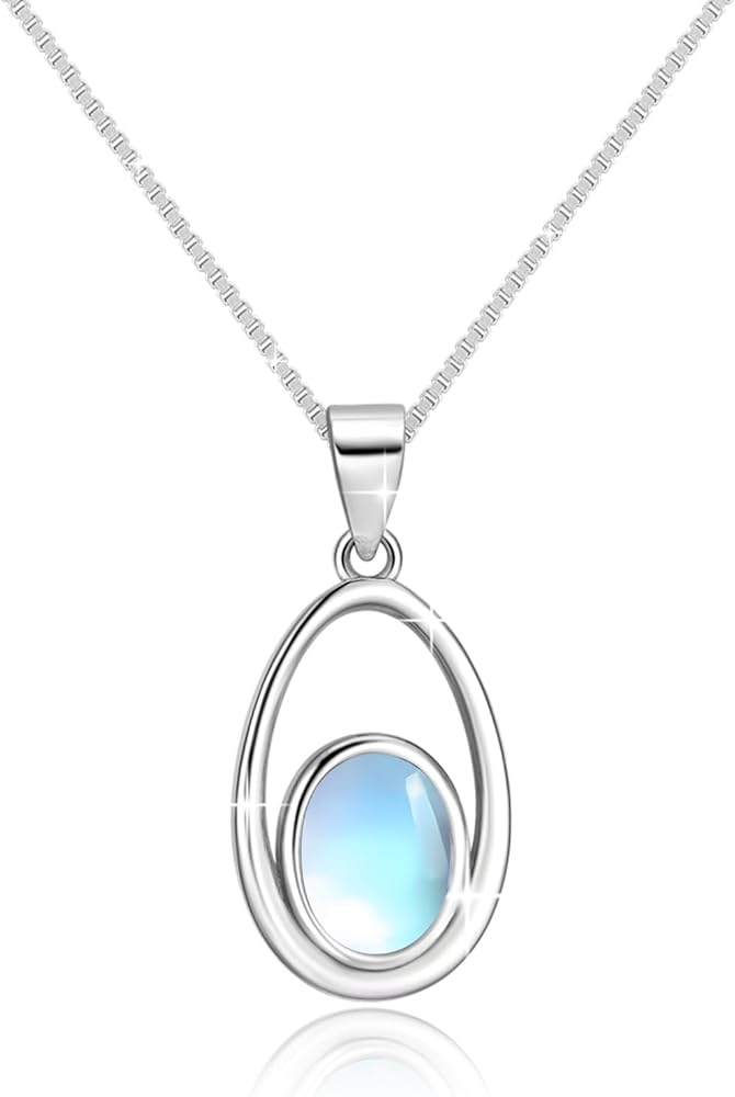 Opal Moonstone Pendant Necklace for Women 925 Sterling Silver Necklace Dainty Oval Teardrop Pendant Jewelry for Women for Wedding Valentine's Day Christmas