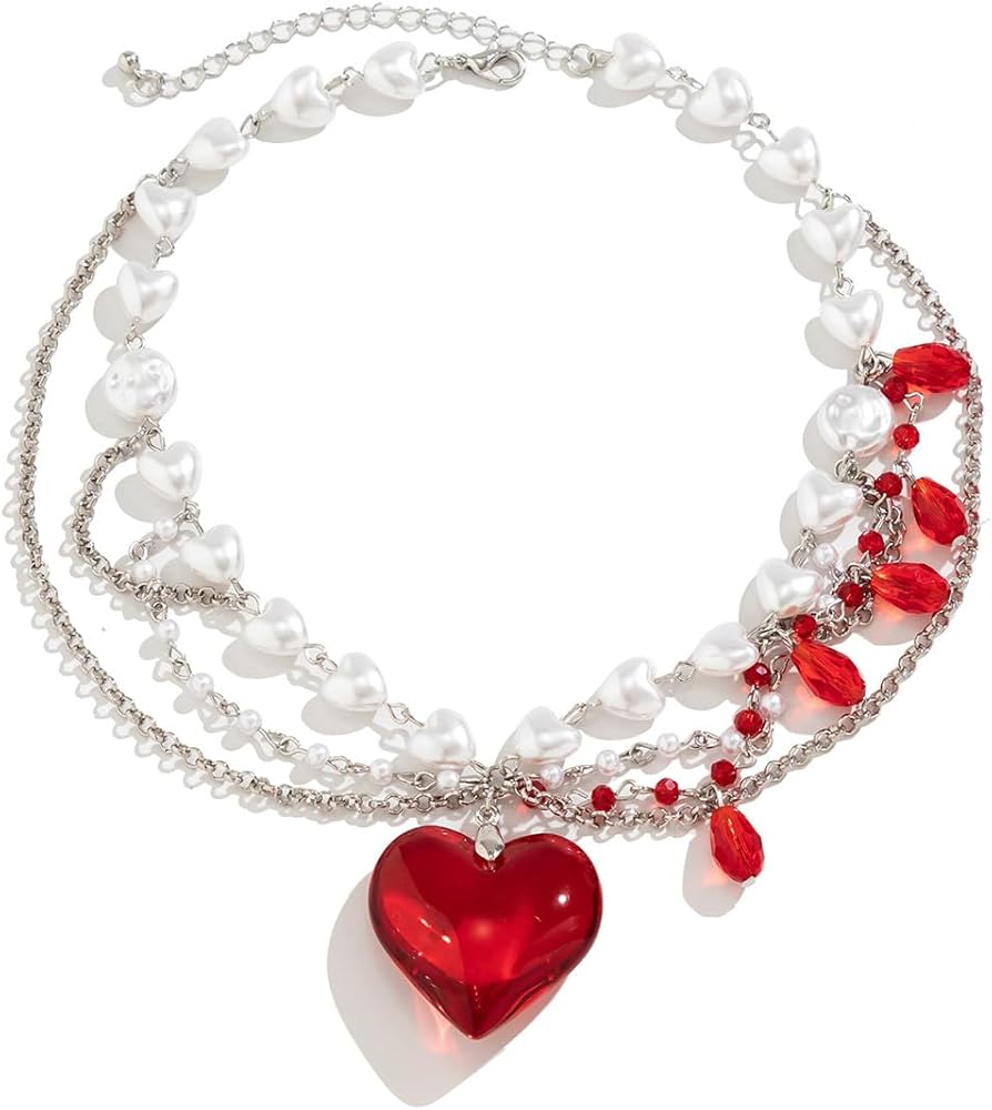 Layered Chunky Puffy Heart Choker Necklace Cute Y2k Necklace Red Crystal Heart Necklace Big Heart Pendant Necklace Pearl Heart Necklace Dopamine Necklace for Women