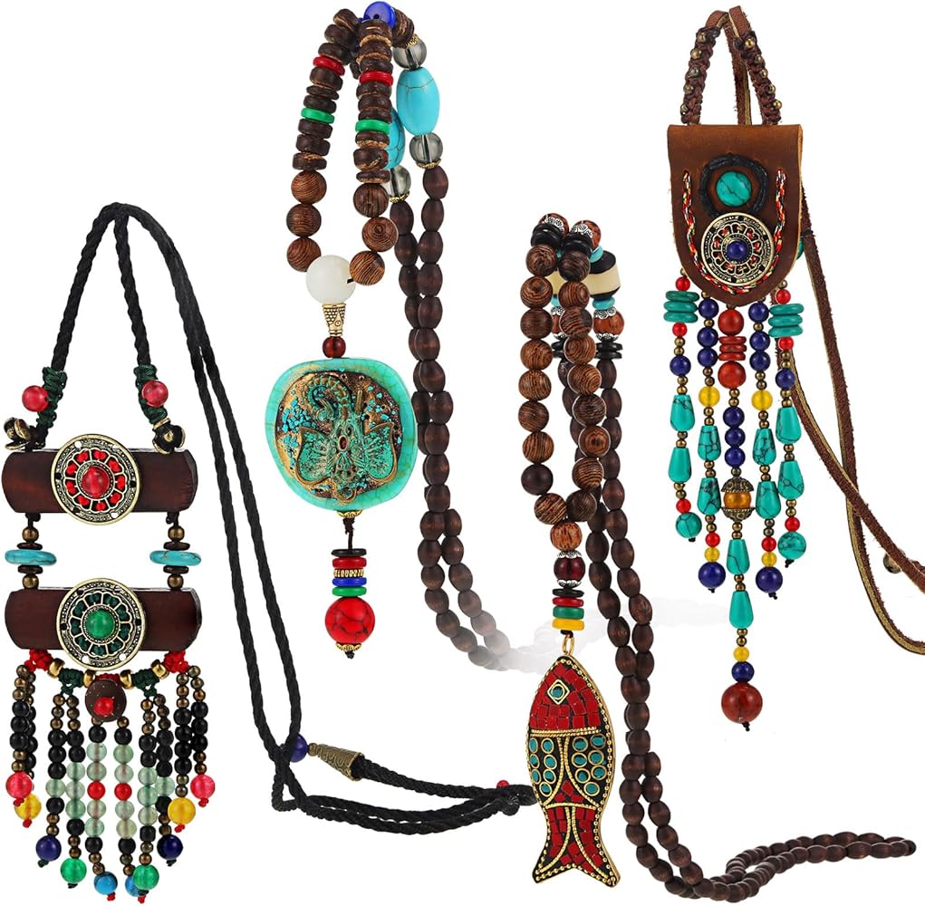 Bonuci 4 Pcs Long Boho Necklaces for Women Wood Beads Pendant Hippie Ethnic Necklace Turquoise Elephant Tribal Jewelry