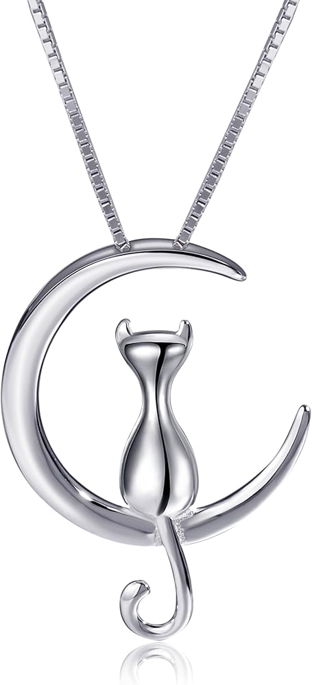 S.Leaf Cat Necklace Cat Gifts for Cat Women Lovers Cat Memorial Gifts for Loss of Cat Cat Jewelry Cat Lady Gifts Sterling Silver Cat Moon Necklace