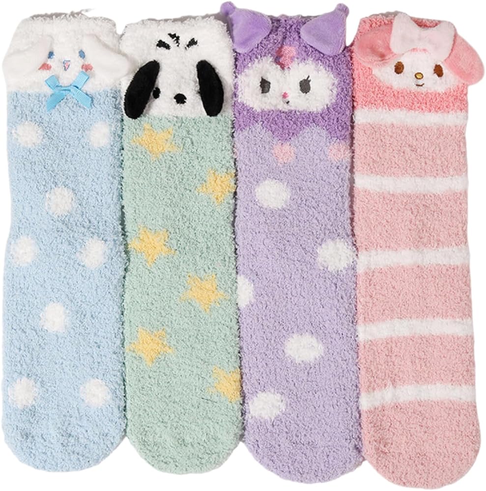 4Pair Cute Mid-Crew Socks for Women Fleece Autumn Winter Thicker Warm Socks for Home Casual Sleep