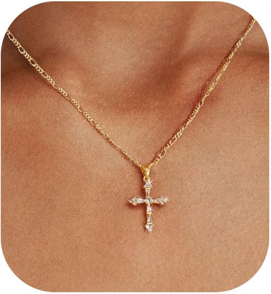 Cross Necklace for Women,Double Cross Necklace 14K Gold Plated Cross Pendant Necklace Dainty Gold Cross Necklaces for Women Trendy Small Cross Charm Necklace Simple Cute Choker Necklaces Gold Jewery