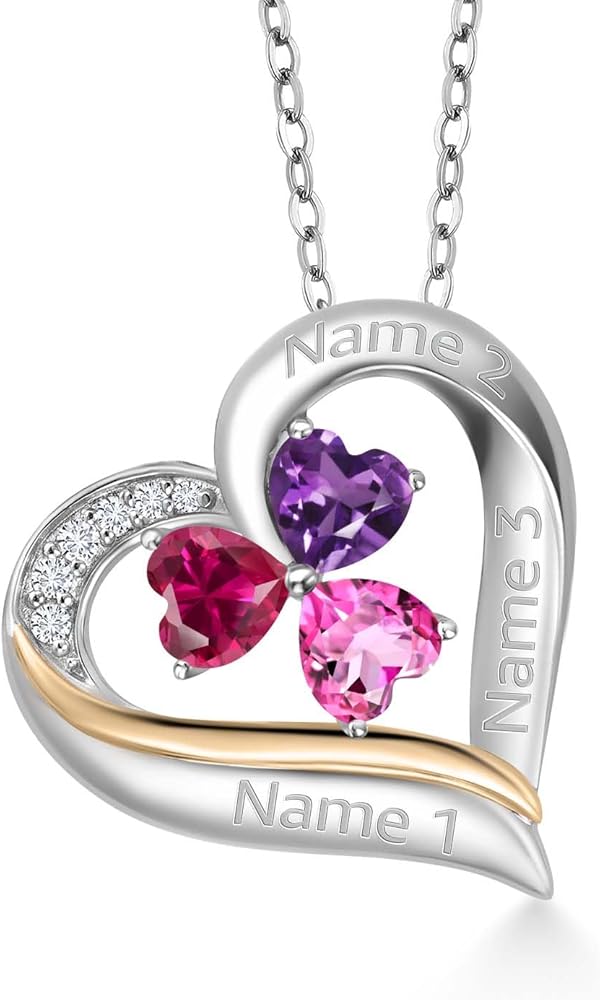 925 Sterling Silver and 10k Yellow Gold Customized and Personalized 3 Stone 5MM Birthstone and White Lab Grown Diamond Heart Shape Name Engraved Pendant Necklace For Women with 18 Inch Chain