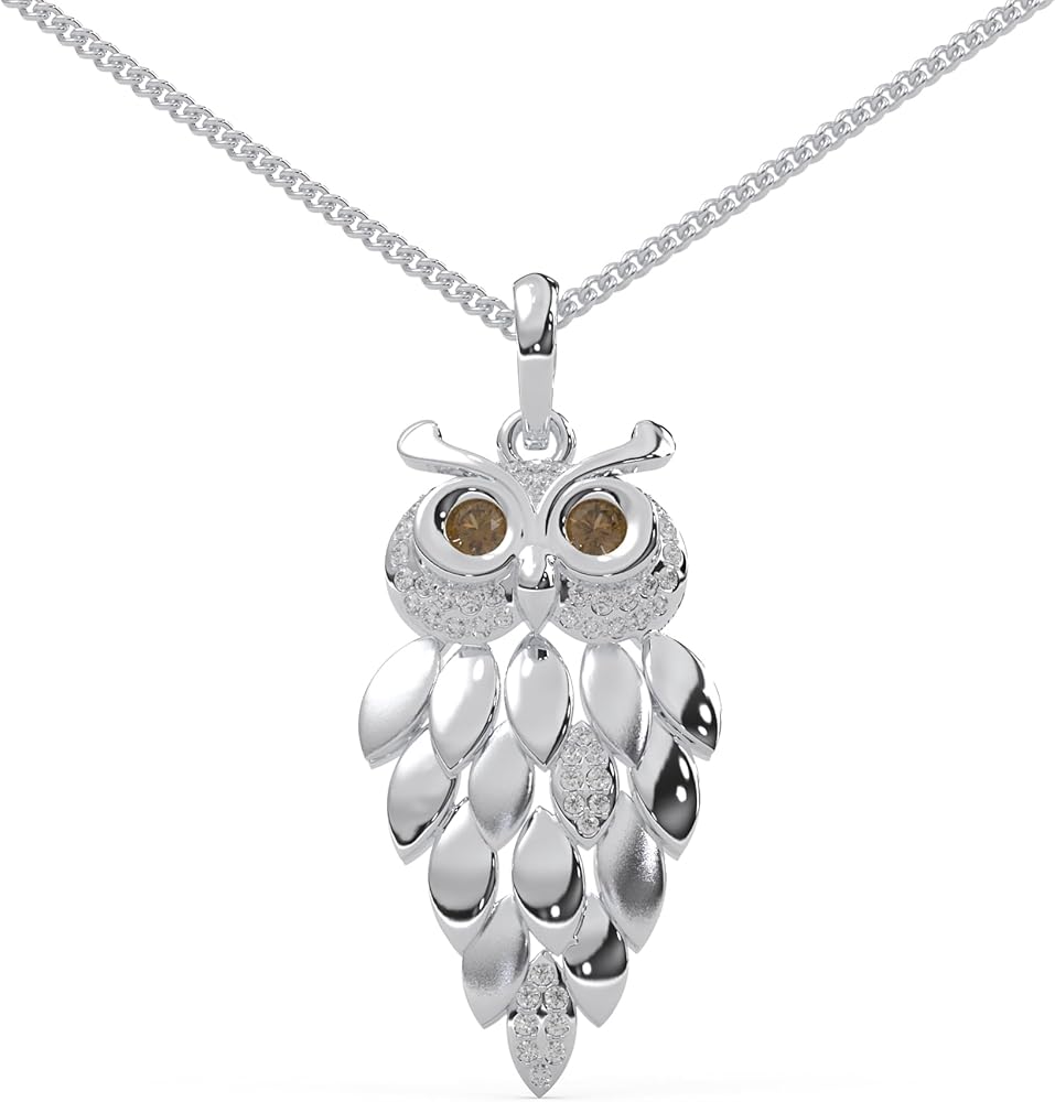 1/6 Cttw Round Cut Natural Diamond Vintage Owl Pendant Necklace In 925 Sterling Silver With Chain (18 Inch) For Women | (Color J-K, Clarity I1-I2) | Real Diamond Fine Jewelry Gift Box Included