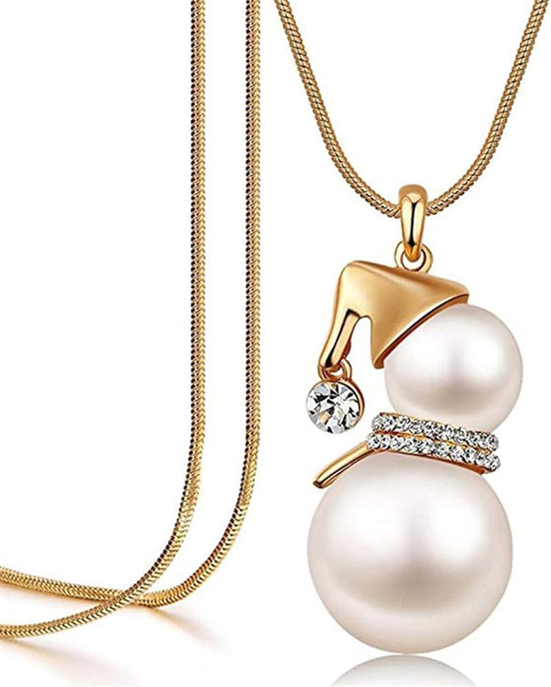 Cute Snowman Pendant Long Necklace For Women Simulated Pearl Jewelry Santa Claus Christmas Gifts