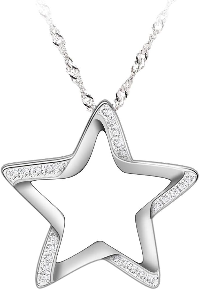 Sterling Silver Crescent Moon Star Necklace Cubic Zirconia Jewelry for Teen & Women Ladies Dainty 18" Chain