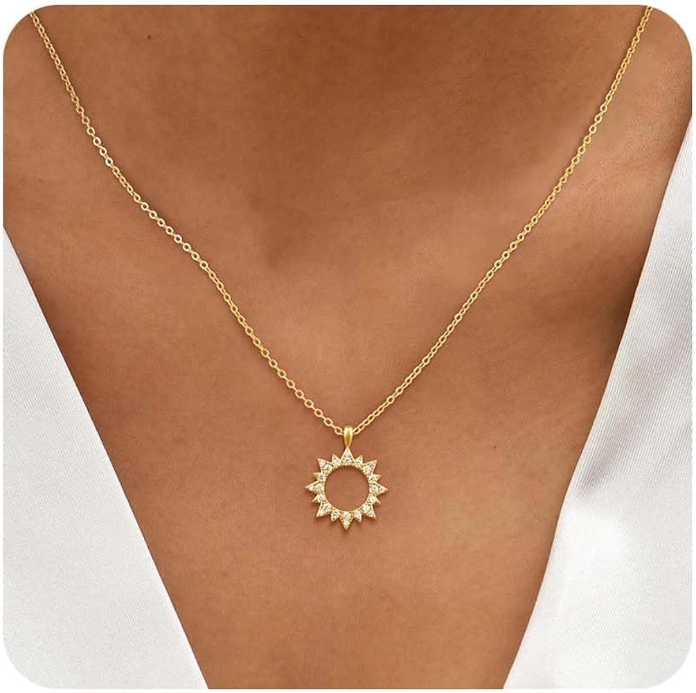 Gold Pendant Necklaces for Women Trendy, Dainty 14k Gold Plated Sun Charm Necklace for Women Cubic Zirconia Moon Choker Necklace Waterproof Beach Gold Jewelry for Women Fashion Christmas Gifts