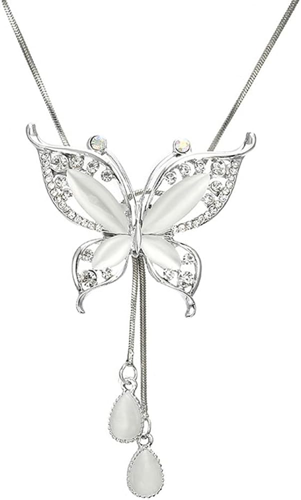 Sither Butterfly Pendant Necklace for Women Long Sweater Chain Crystal Tassel Necklace Wedding Dressy Necklace Boho Jewelry for Winter Evening Party Christmas Gift