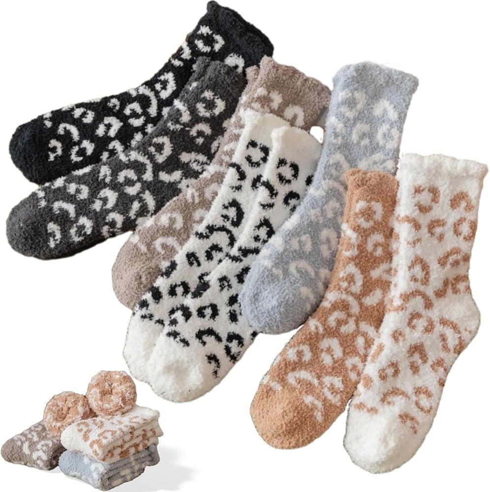Fuzzy Socks 7 Pairs Womens Leopard Print Winter Warm Floor Socks Cozy Home Sleep Socks Slipper Plush Slipper Socks
