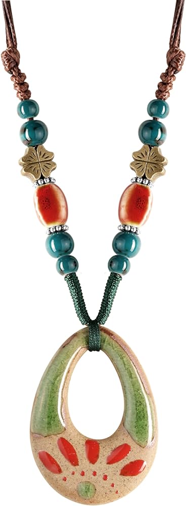 MINACHI Bohemian Colorful Ceramic Bead Nature Floral Charm Pendant Necklace, Vintage Boho Jewelry Gift for Women