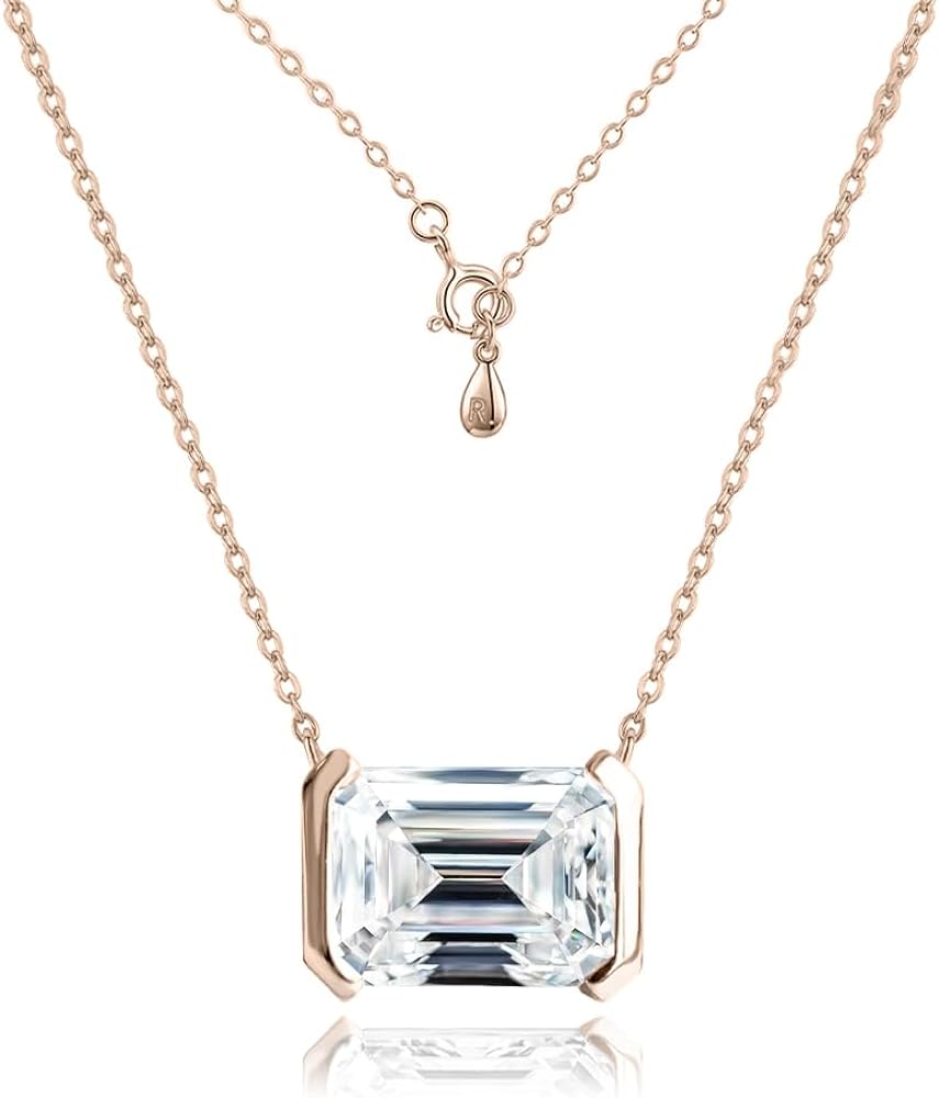 Raneecoco 2.0ct Emerald Cut Solitaire Simulated Diamond CZ Pendant Necklace / 18K Gold Plated Sterling Silver Necklace for Women