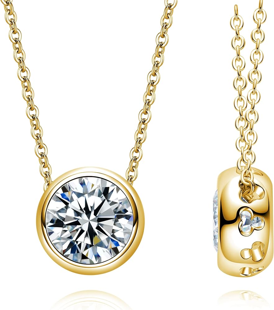 2 carat Moissanite Bezel Pendant Necklace for Women D color VVS Brilliant Round Cut Moissanite Necklaces Platinum-Plated Sterling Silver Chain Engagement Anniversary Promise Christmas Birthday