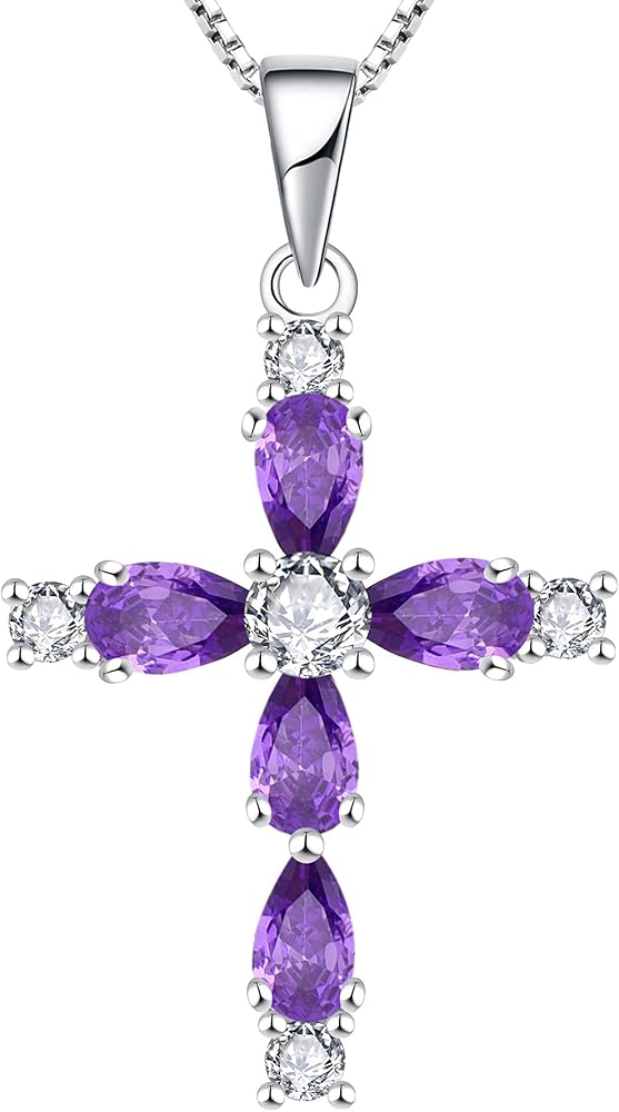 YL Cross Necklace 925 Sterling Silver Gemstone Pendant Birthstone Religious Jewelry for Women