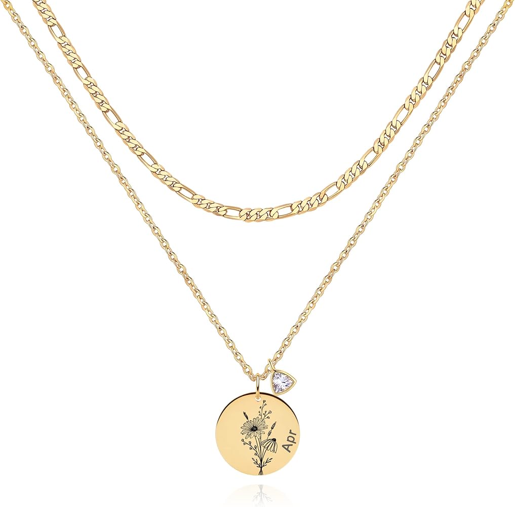 MTMY Birth Flower Necklaces for Women 18K Gold Plated Dainty Layered Birth Month Flower with Birthstone Pendant Necklaces Personalized Custom Floral Jewelry