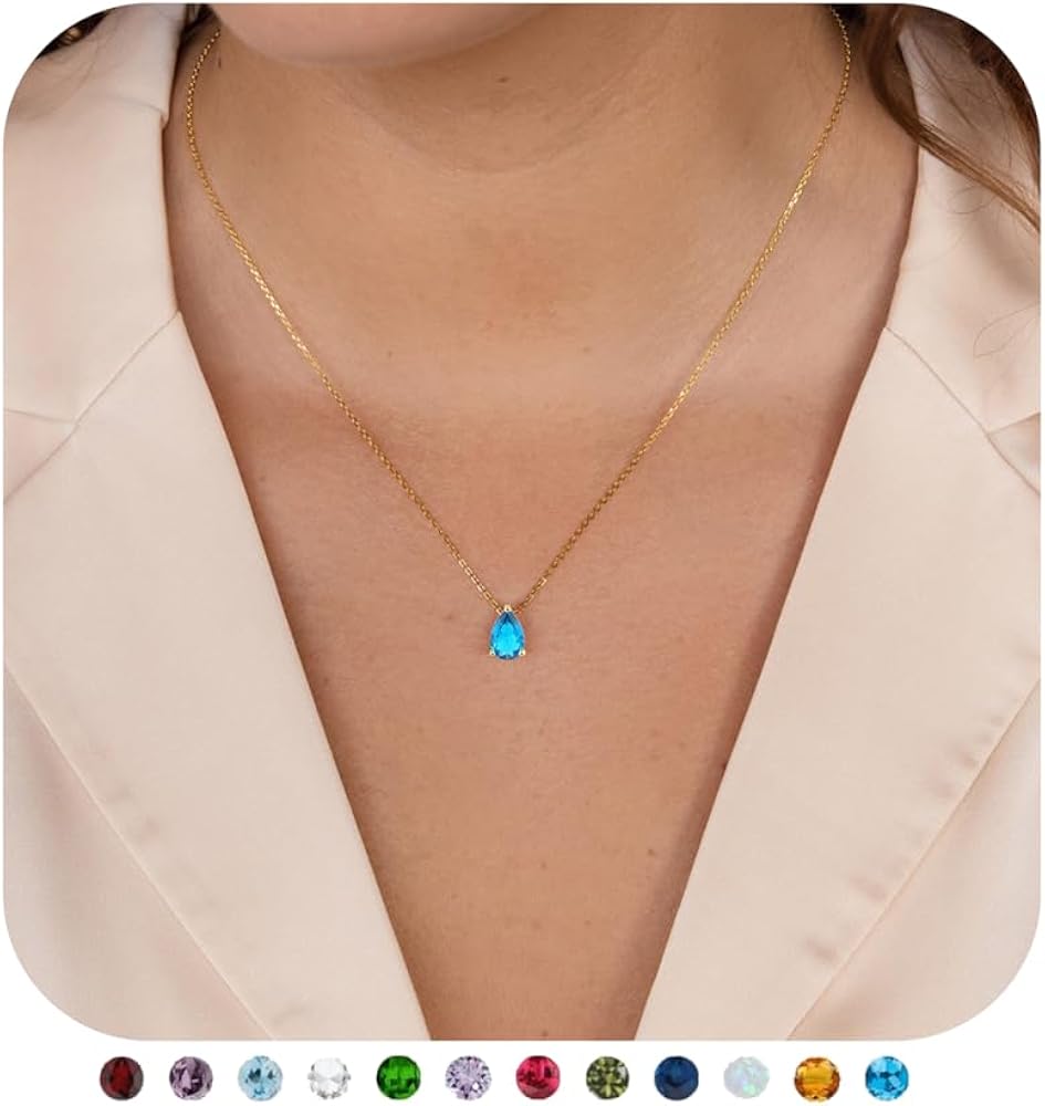 FIRAZIO Birthstone Necklace for Women 14k Gold Plated Diamond Necklace Dainty Teardrop Pendant Necklace Emerald Necklaces Trendy Jewelry Gift for Mother and Her