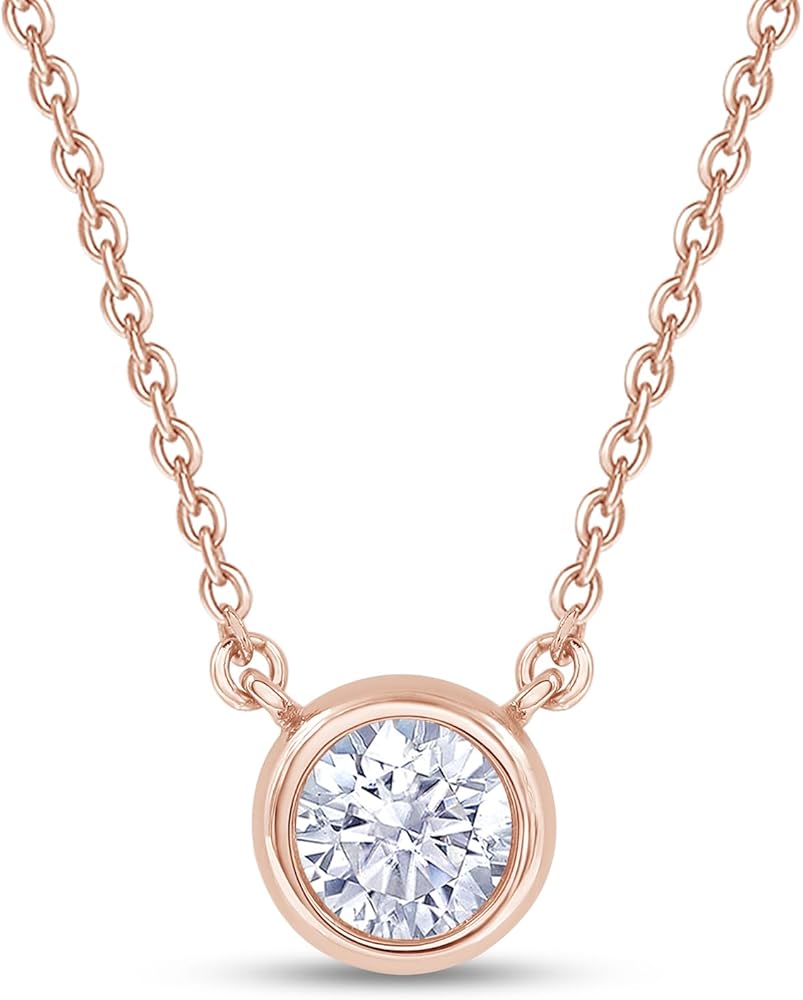 18K Gold Plated Bezel-Set Solitaire Necklace for Women, 6.5MM Moissanite Diamond Choker Pendant Necklace Jewelry (16"+2” Adjustable Chain) (0.90 Ctw)