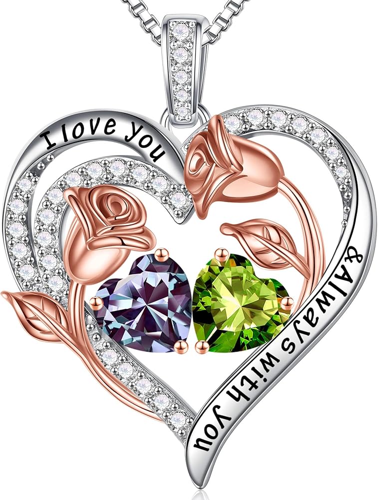 Iefil Christmas Gifts for Women - 925 Sterling Silver Rose Heart Birthstone Necklace Birthday Gifts for Women Anniversary Christmas Jewelry Gifts for Her Wife Mom Daughter