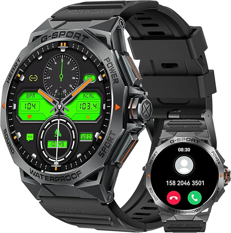 EIGIIS Military Smart Watch for Men Answer/Make Calls AMOLED 1.43" Rugged Smart Watch with 100+ Sports Modes Fitness Tracker Watch with Heart Rate Sleep Tracker Tactical Smartwatch for iPhone Android