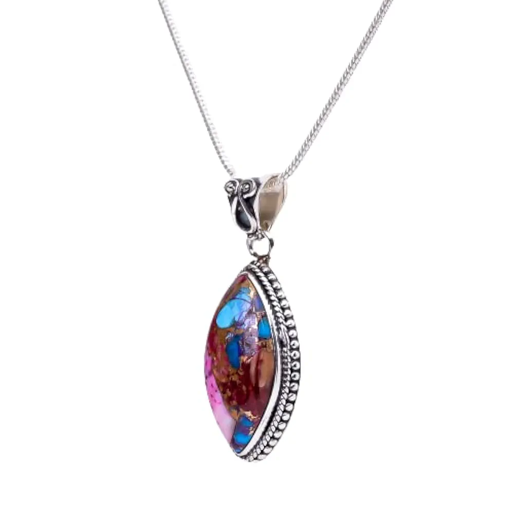 925 Sterling Silver Bohemian Pendant Necklace for Women with Marquise Turquoise Gemstone